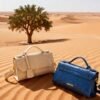 Bolsa by Ghafa Biege and blue in the desert with ghaf tree in background